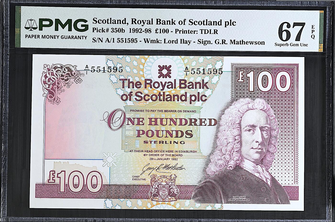 《艾美收藏》第237期-3.22周日外币强钞白金场 苏格兰100镑 PMG67E 皇家银行 A1冠大卷毛 名誉品 无347