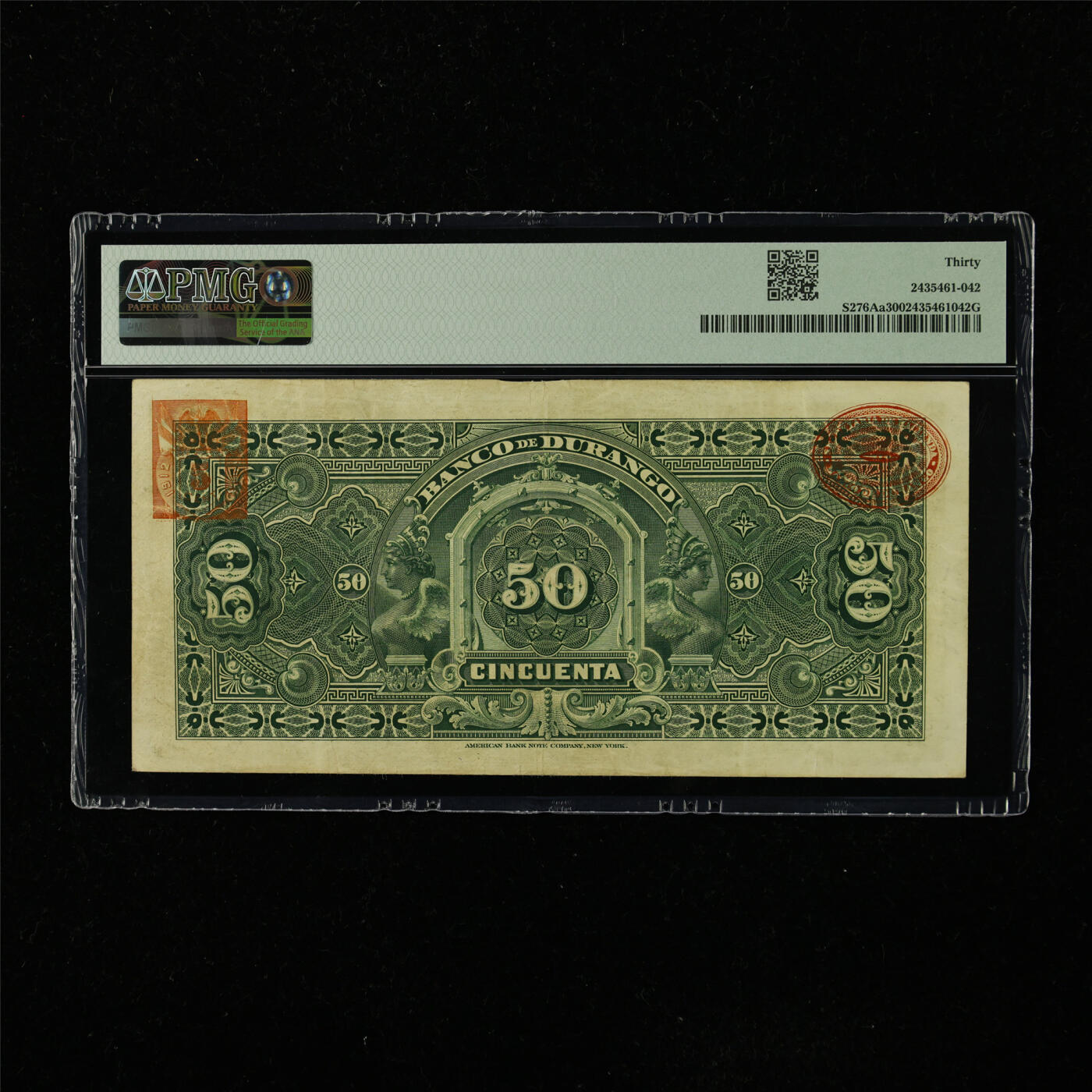 【亘邦集藏】第223期拍卖 1913-14年 墨西哥杜兰戈银行50比索 PMG 30 G 0666