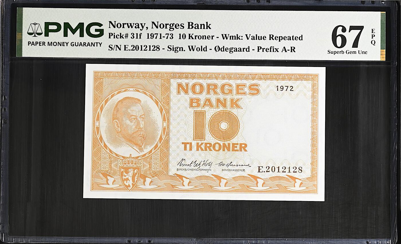 《艾美收藏》第237期-3.22周日外币强钞白金场 挪威10克朗 PMG67E 1972年 挪威第一任首相米切尔森 无47尾8