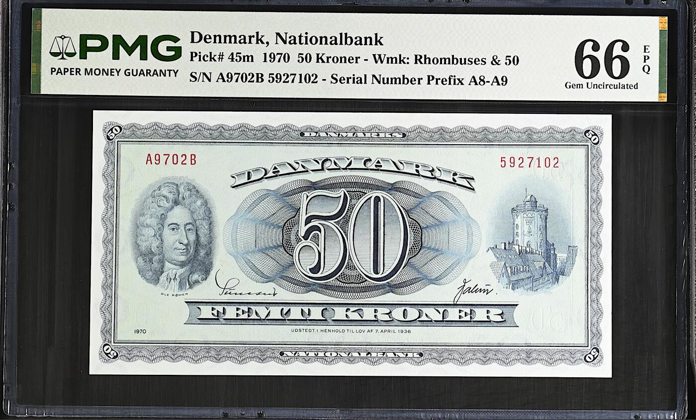 《艾美收藏》第237期-3.22周日外币强钞白金场 丹麦50克朗 PMG66E 1970年 丹麦天文学家罗默 无4