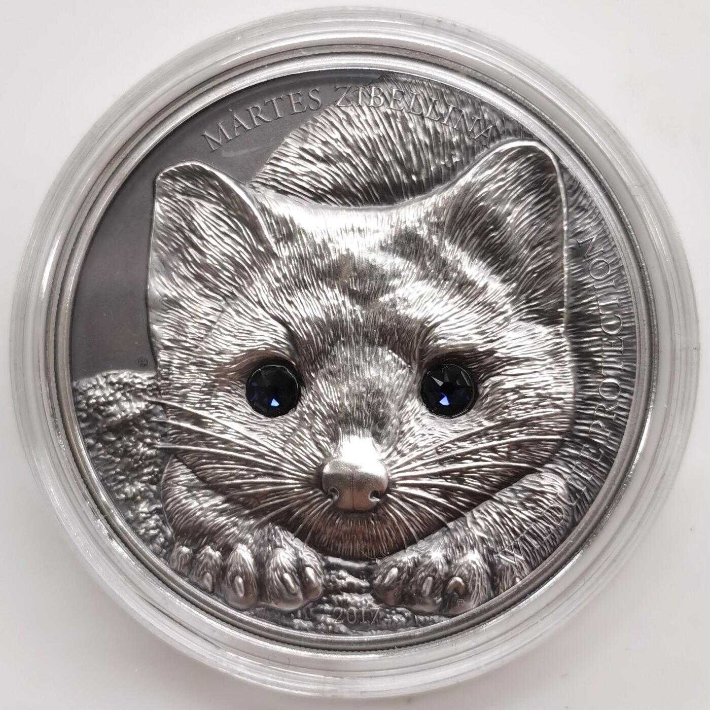 博洋堂世界钱币拍卖第165期（全场包邮） 蒙古2017年500图格里克镶水晶仿古银币 野生动物保护-紫貂 1盎司999银 发行量：2500 盒证全