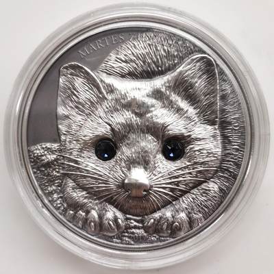 博洋堂世界钱币拍卖第165期（全场包邮） - 蒙古2017年500图格里克镶水晶仿古银币 野生动物保护-紫貂 1盎司999银 发行量：2500 盒证全