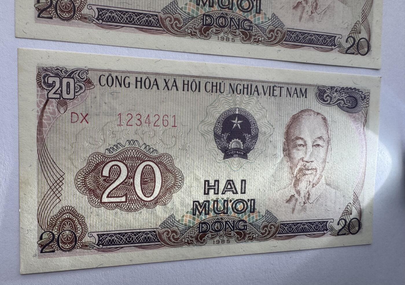 2026第5场（总第232期）：精品测试钞、外钞综合场 顺子头1234/越南1985年版20盾2枚连号UNC（有浅压痕）