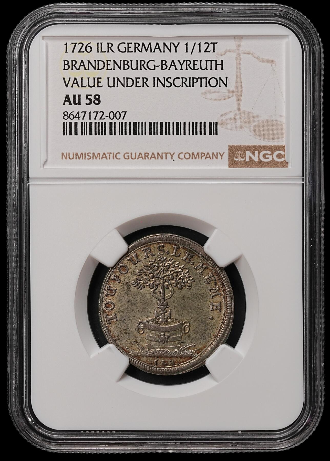 修遠堂世界钱币第108期 NGC AU58 1726年 勃兰登堡 - 拜罗伊特边区伯国-侯爵格奥尔格・威廉（Georg Wilhelm）逝世1/12 泰勒纪念银币