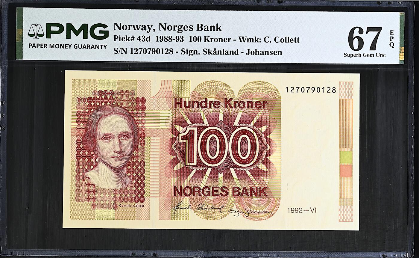 《艾美收藏》第237期-3.22周日外币强钞白金场 挪威100克朗 PMG67E 1992年 挪威作家科莱特 无4尾8