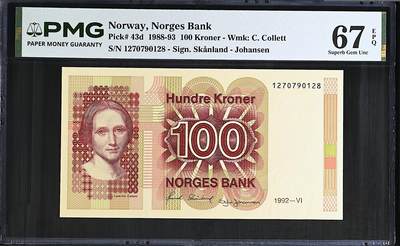 《艾美收藏》第237期-3.22周日外币强钞白金场 - 挪威100克朗 PMG67E 1992年 挪威作家科莱特 无4尾8