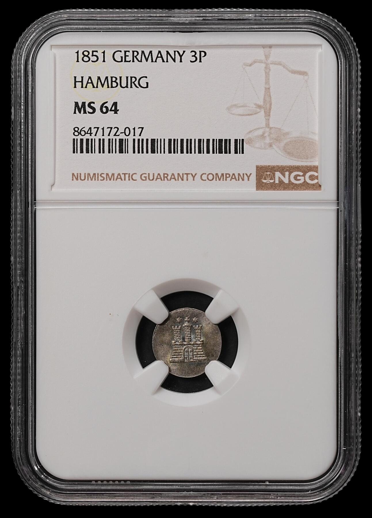 修遠堂世界钱币第108期 NGC MS64 1851年汉堡1德雷林（ 3 芬尼 ）银币