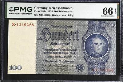 《艾美收藏》第237期-3.22周日外币强钞白金场 - 德国100马克 PMG66E 1935年老版本 化学之父李比希 大票幅