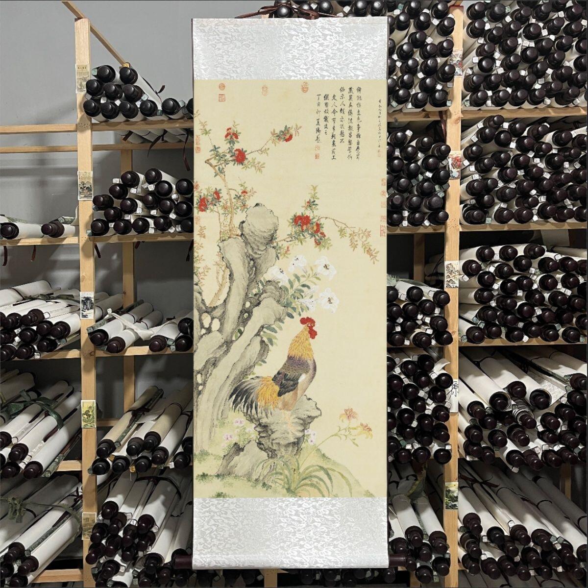 听雨轩（78） 清邹一桂榴下雄鸡公鸡大吉大利竖款卷轴画 47*140cm