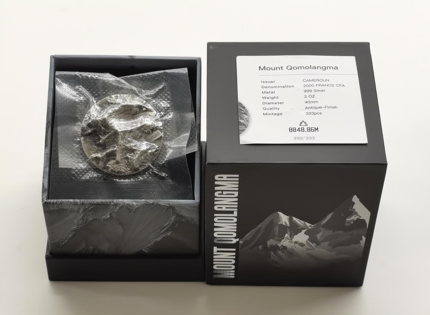 博洋堂世界钱币拍卖第165期（全场包邮） 喀麦隆2021年2000中非法郎仿古立体银币 珠穆朗玛峰8848.86m 2盎司999银 发行量：333 盒证全