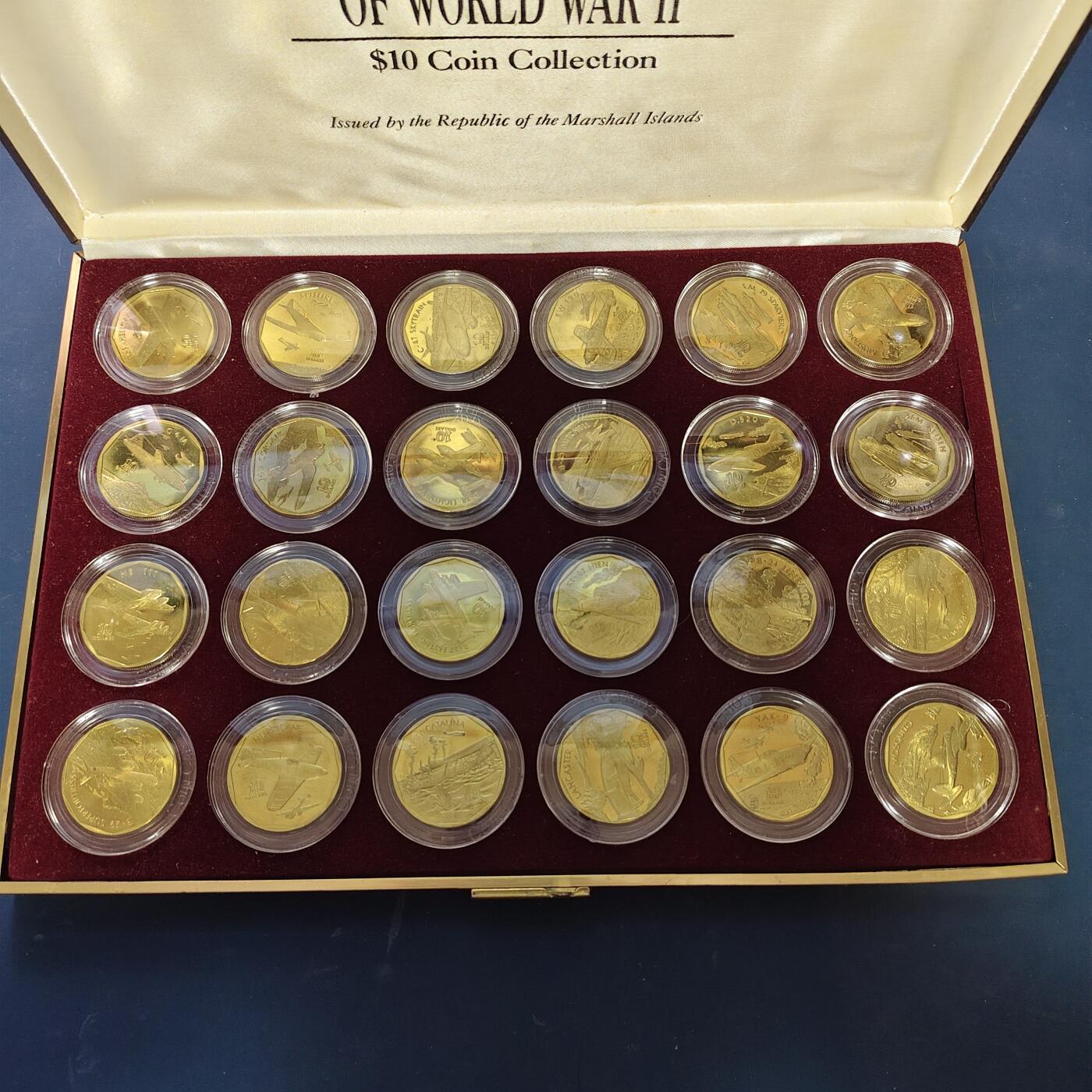 【全场包邮】纯粹捡漏拍515场 马绍尔群岛1991年10元二战传奇战机系列24枚官方盒装精制铜币-盒证全