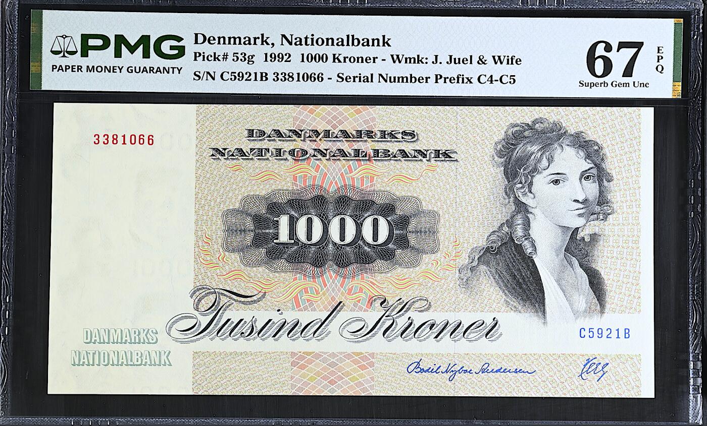 《艾美收藏》第237期-3.22周日外币强钞白金场 丹麦1000克朗 PMG67E 1992年大松鼠 无47双尾66 Pick#53g