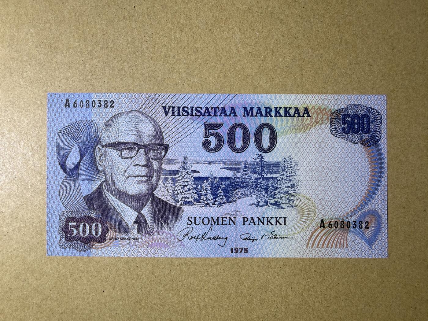 《艾美收藏》第237期-3.22周日外币强钞白金场 芬兰500马克 UNC 1975年 芬兰历史上极具影响力的总统吉科宁 稀少版本 A冠无47