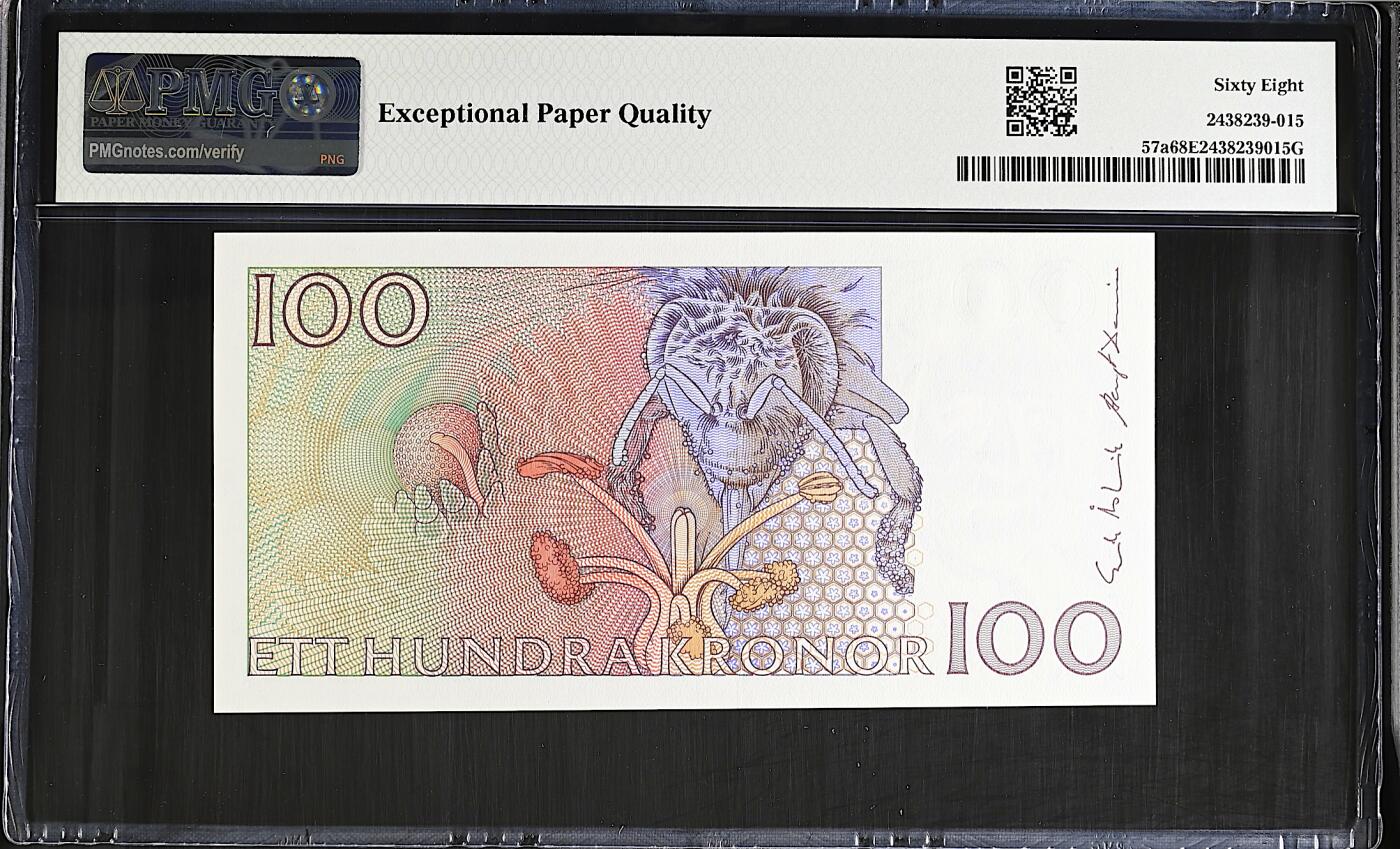 《艾美收藏》第237期-3.22周日外币强钞白金场 瑞典100克朗 PMG68E 1986年初版首发年a版 林奈 长号码无347 冠军分