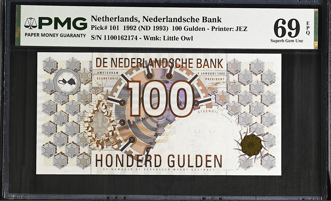 《艾美收藏》第237期-3.22周日外币强钞白金场 荷兰100盾 PMG69E 1992年 齿轮版