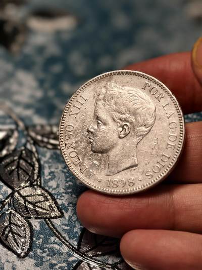 抚柳草堂-第十八期章牌钱币  奖章勋章限时免佣 满百包邮 放漏专场 - 1898西班牙阿方索十三世5PESETAS银币 重24.6g 银色纯正光泽好