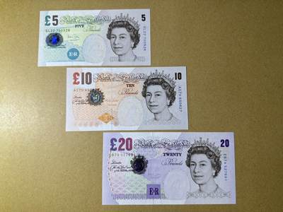 《艾美收藏》第237期-3.22周日外币强钞白金场 - 英格兰5、10、20镑3张 UNC E序列再版 其中10镑的是仅2000年发行的较少的"The Company"版 懂的来捡漏
