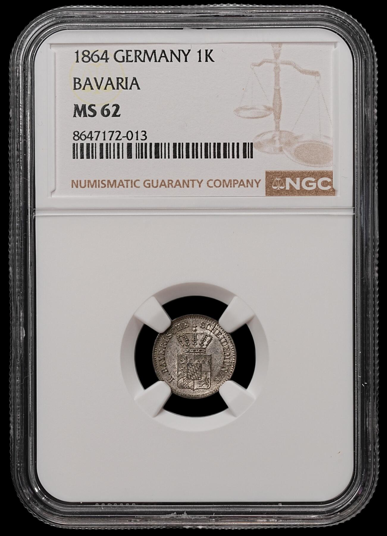 修遠堂世界钱币第108期 NGC MS62 1864年巴伐利亚1克鲁泽银币