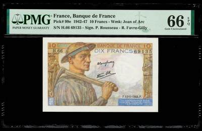 【Blue Auction】世界纸币精拍第797期——18级TOP拍卖/信誉/品质/专业/高效💫 - 【无47】法国 1944年10法郎 PMG66EPQ