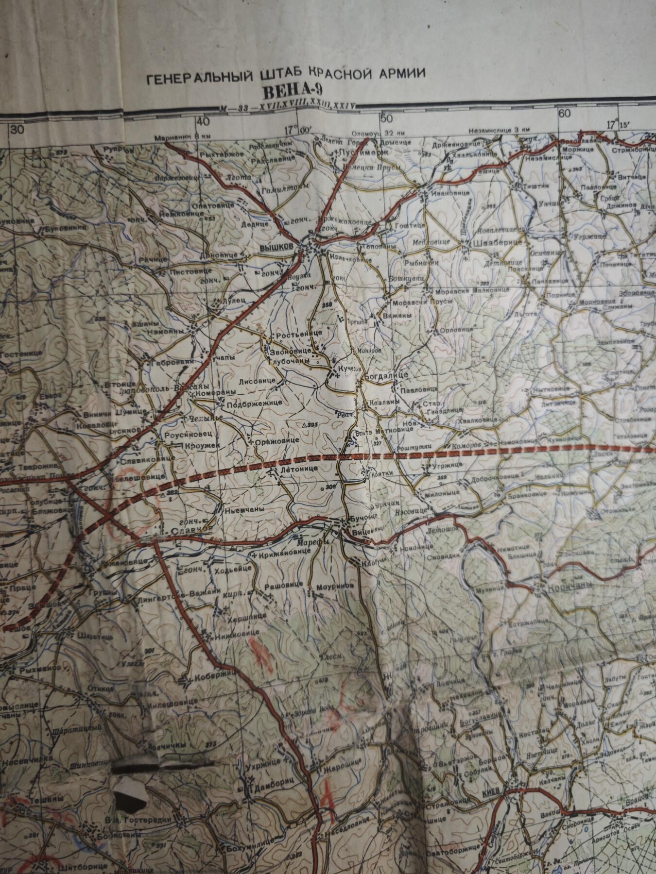 橙子收藏第六期 1944年苏联红军总参谋部实战军用地图/捷克斯洛伐克-奥地利-匈牙利 带原始战术标记 见证1945维也纳攻势 苏军解放中欧核心实物 馆藏级二战稀缺文物(长度一米多)