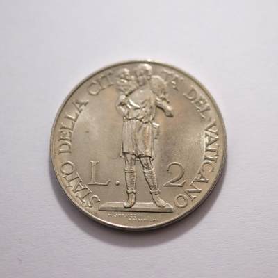 观钱 近现代机制币拍卖No.005（全场顺丰包邮，不区分偏远地区）  -  梵蒂冈 1936 年 2 里拉“好牧人”镍币（梵蒂冈城国早期里拉硬币），古典主义雕刻风格精湛，宗教题材富有感染力。