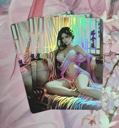 龙虎卡牌-七九场（满200元包邮，无佣金，每周六结拍，欢迎送拍） - 压纹彩闪3张 鸡腿金瓶梅 潘金莲 落衣三渐变（第三张很艺术）