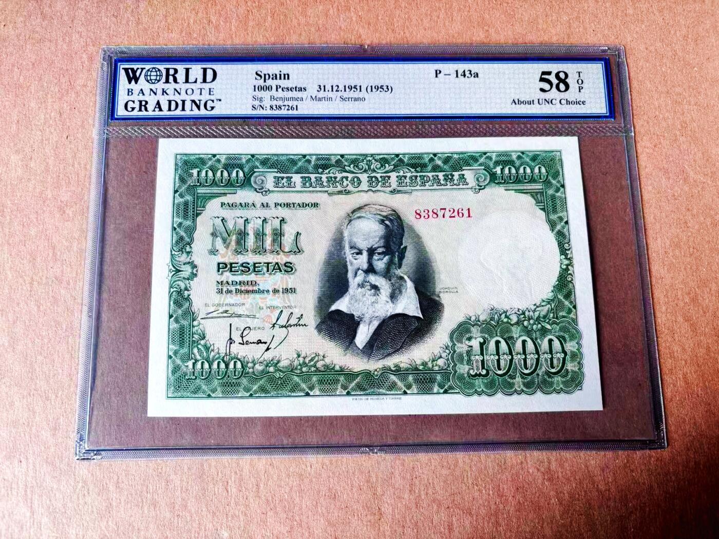 【Blue Auction】世界纸币精拍第797期——18级TOP拍卖/信誉/品质/专业/高效💫 西班牙 1951年1000比塞塔 大华金 WBG58EPQ 近新原票