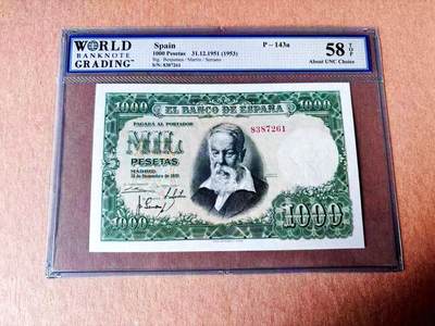 【Blue Auction】世界纸币精拍第797期——18级TOP拍卖/信誉/品质/专业/高效💫 - 西班牙 1951年1000比塞塔 大华金 WBG58EPQ 近新原票