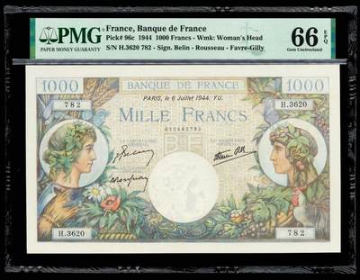 【Blue Auction】世界纸币精拍第797期——18级TOP拍卖/信誉/品质/专业/高效💫 - 法国 1944年1000法郎 PMG66EPQ 墨丘利 大票幅 
