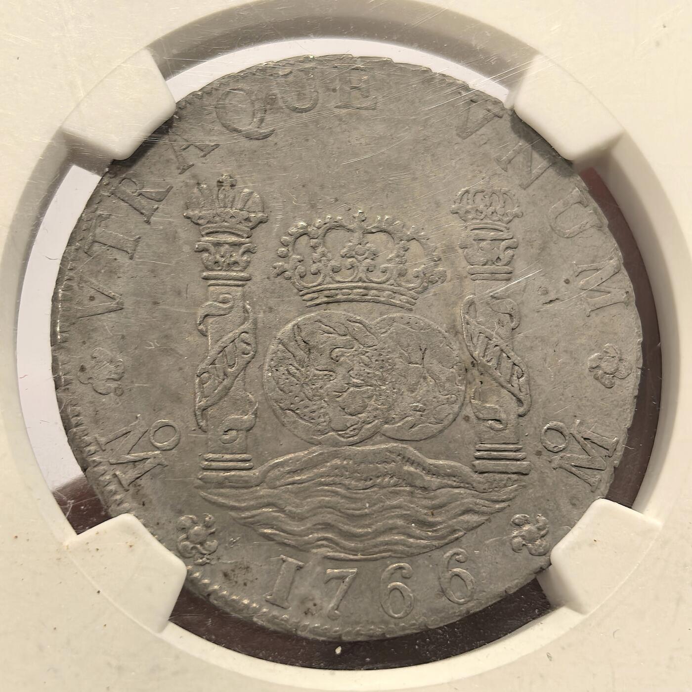 博洋堂世界钱币拍卖第165期（全场包邮） NGC UNC 西属墨西哥1766年MO MF卡洛斯三世地球双柱8R银币，双面打制佳，仅有一个很小的验银戳