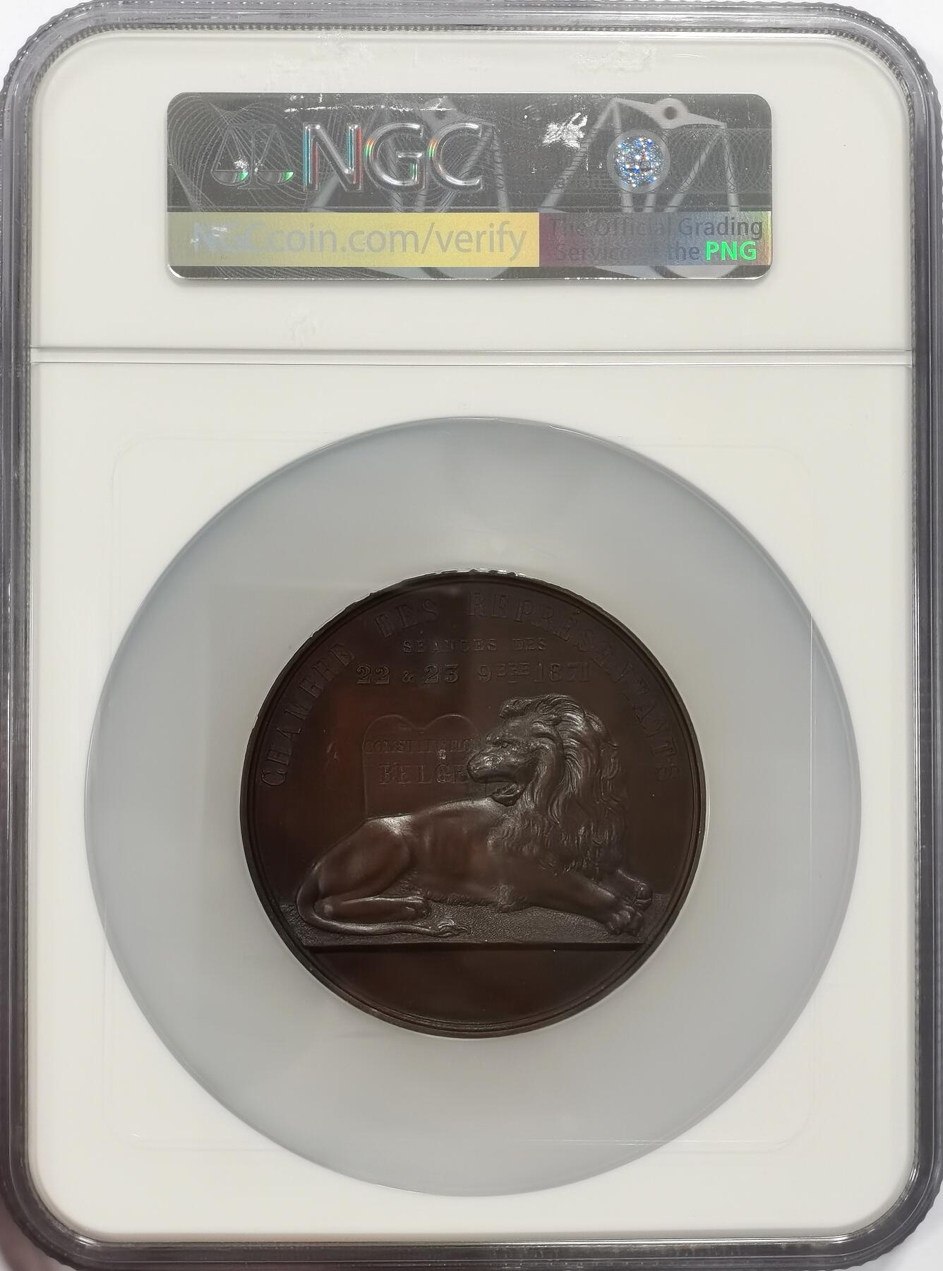 博洋堂世界钱币拍卖第165期（全场包邮） NGC MS63 唯一冠军！比利时1871年纪念司法部长，共济会大佬大铜章。60mm超大超厚尺寸！双面超高浮雕。背面高凸起雄狮威武霸气