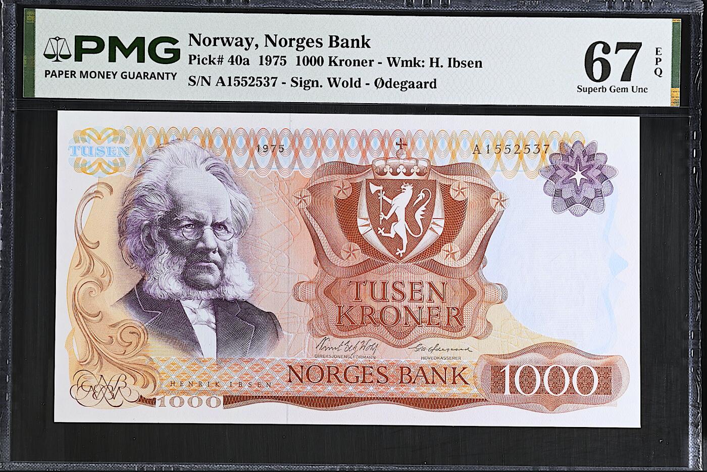 《艾美收藏》第237期-3.22周日外币强钞白金场 挪威1000克朗 PMG67E 1975年首发年a版A冠 挪威剧作家易卜生 无4 冠军分 仅2张