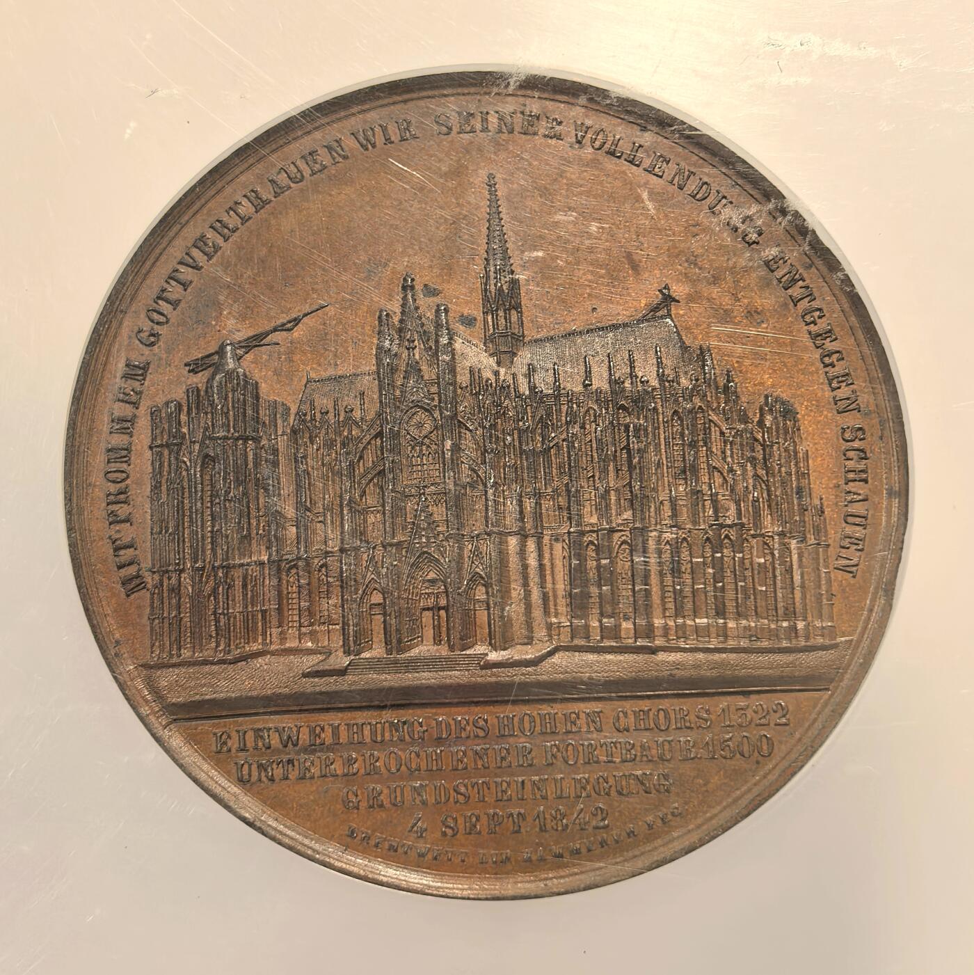 博洋堂世界钱币拍卖第165期（全场包邮） NGC MS63BN 德国1842年科隆大教堂纪念大铜章，50mm，1842年是其建设史上的一个重要节点：普鲁士国王腓特烈·威廉四世于1842年下令重启大教堂的建设，并投入大量资金与资源，最终于1880年完工