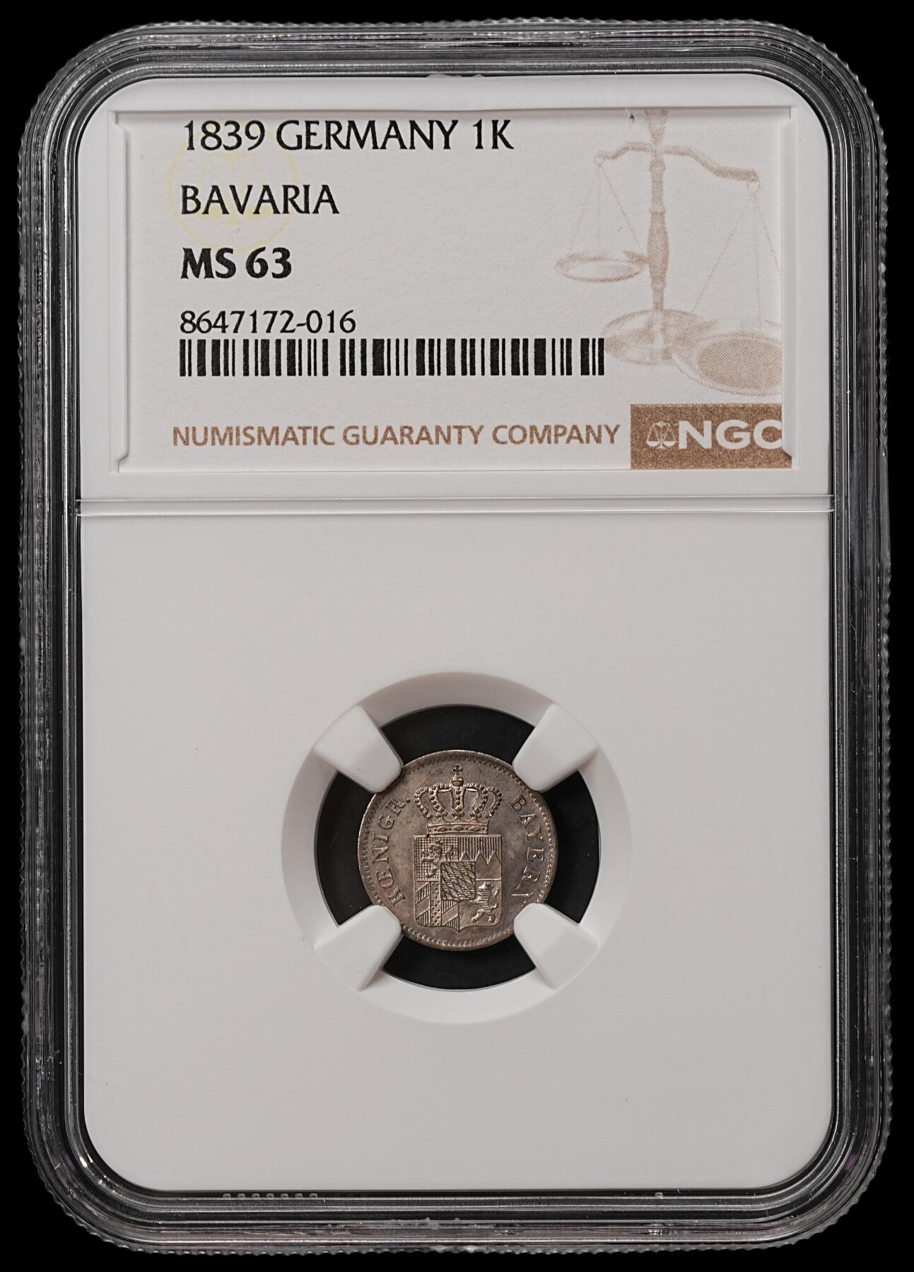 修遠堂世界钱币第108期 NGC MS63 1839年巴伐利亚1克鲁泽银币