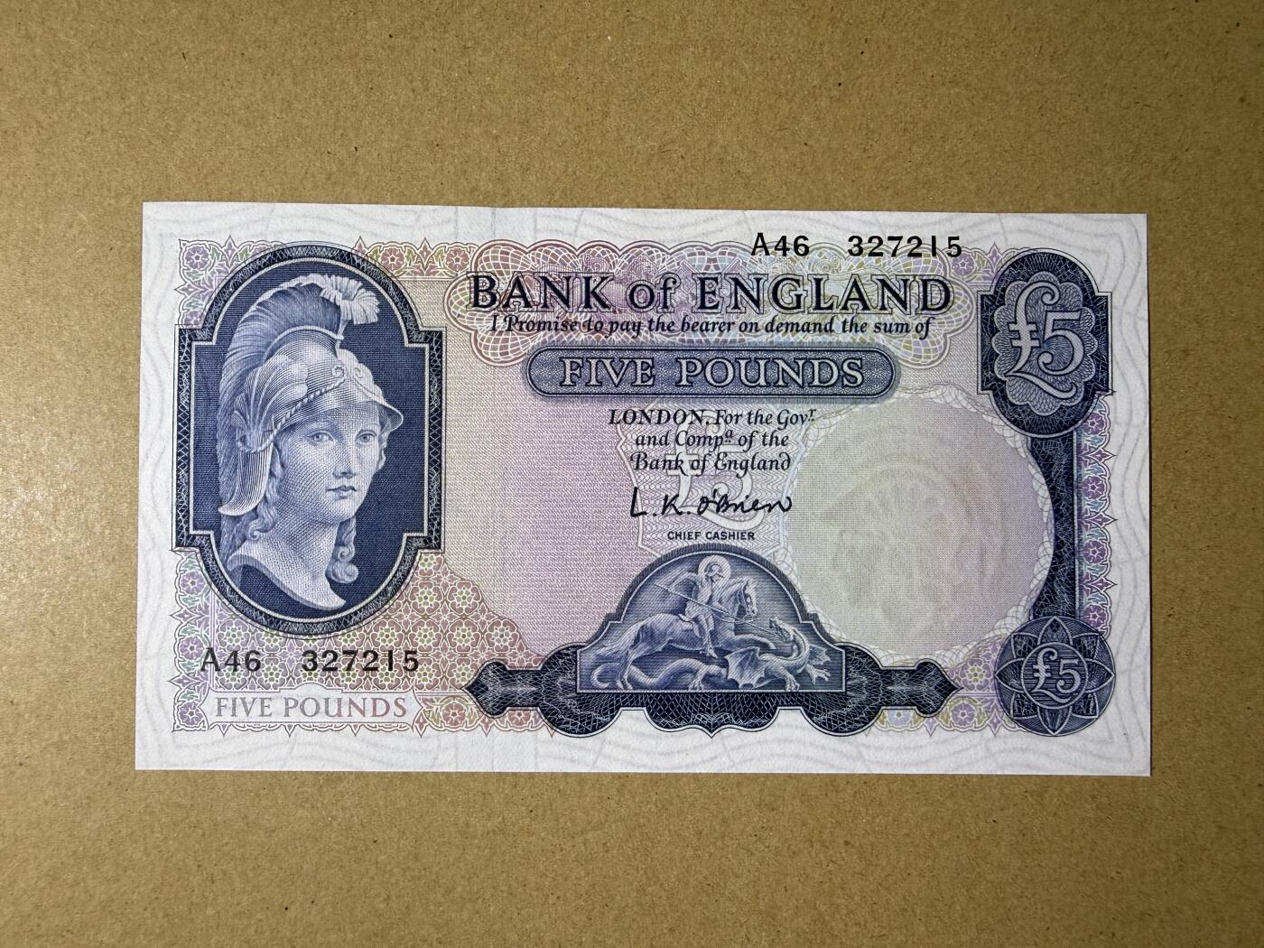 《艾美收藏》第237期-3.22周日外币强钞白金场 英格兰5镑 UNC B序列 1957年更贵的实心版本 一个角有荧光