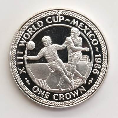 博洋堂世界钱币拍卖第165期（全场包邮） - 马恩岛1986年墨西哥世界杯1克朗精制银币，28.28克925银