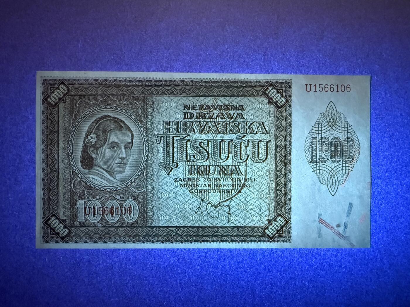 《艾美收藏》第237期-3.22周日外币强钞白金场 克罗地亚1000库纳 UNC 1941年老版本 有一处小纸胎是出厂自带的正常现象 无47