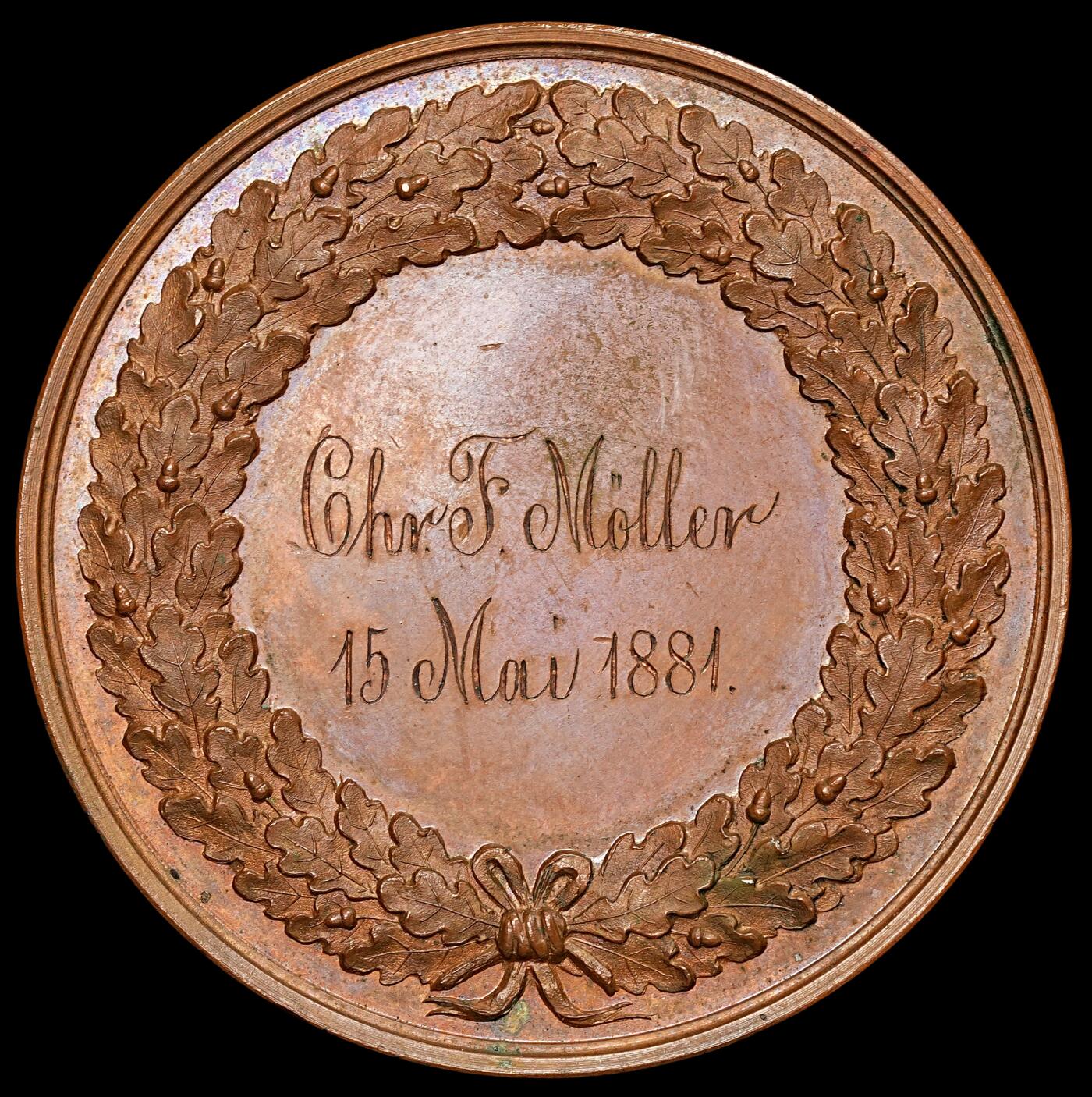 修遠堂世界钱币第108期 丹麦动物保护协会 1881 年铜质奖章，45.34mm，33.66g，边缘轻微人为划伤，盒子有残损