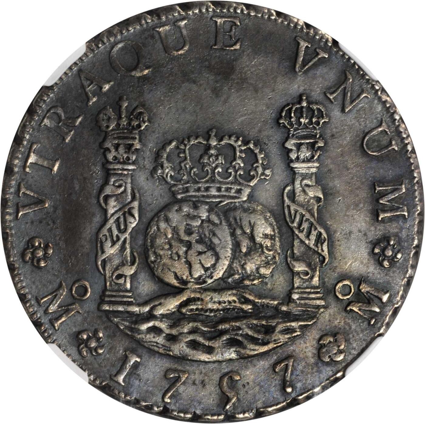 博洋堂世界钱币拍卖第165期（全场包邮） NGC AU 西属墨西哥1757年MO MM斐迪南六世地球双柱8R银币，原味深打，流传有序，来自David Gray Collection，1993年8月30日Frank Sedwick拍卖会拍得