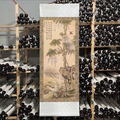 听雨轩（78） - 清蒋廷锡藤花山雀图 竖款卷轴画 47*140cm