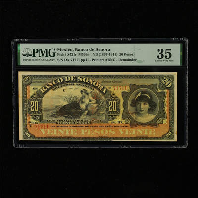 【亘邦集藏】第223期拍卖 - 1897-1911年 墨西哥索诺拉银行20比索 PMG 35 DX 71711