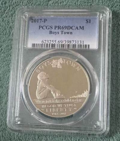 【礼羽收藏】🌏世界钱币拍卖129期 - 美国2017年男孩镇建立百年1美元精制纪念银币PCGS-PR69DCAM，直径38.1mm ，重26.73g，900银，发行量31610枚，2019年克劳斯世界硬币大赛-最富激情币。PROOF精制币，币面清爽干净又漂亮，状态极佳。