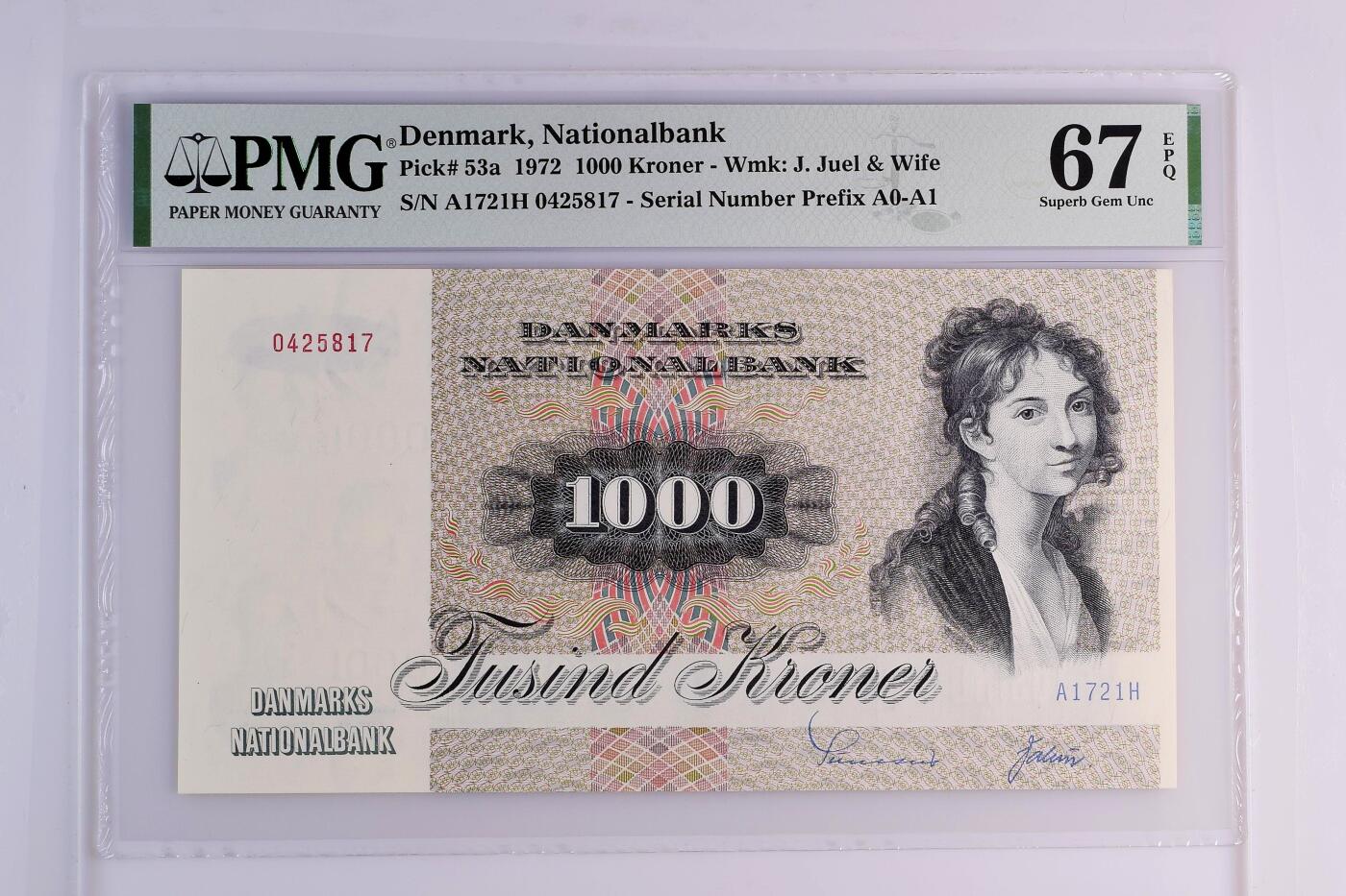 【Blue Auction】世界纸币精拍第797期——18级TOP拍卖/信誉/品质/专业/高效💫 【a版A1冠】丹麦 1972年1000克朗 大松鼠 PMG67EPQ 高分
