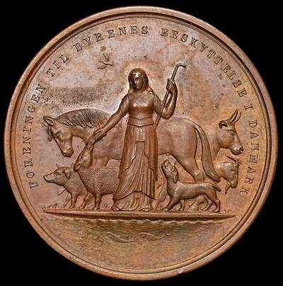 修遠堂世界钱币第108期 - 丹麦动物保护协会 1881 年铜质奖章，45.34mm，33.66g，边缘轻微人为划伤，盒子有残损