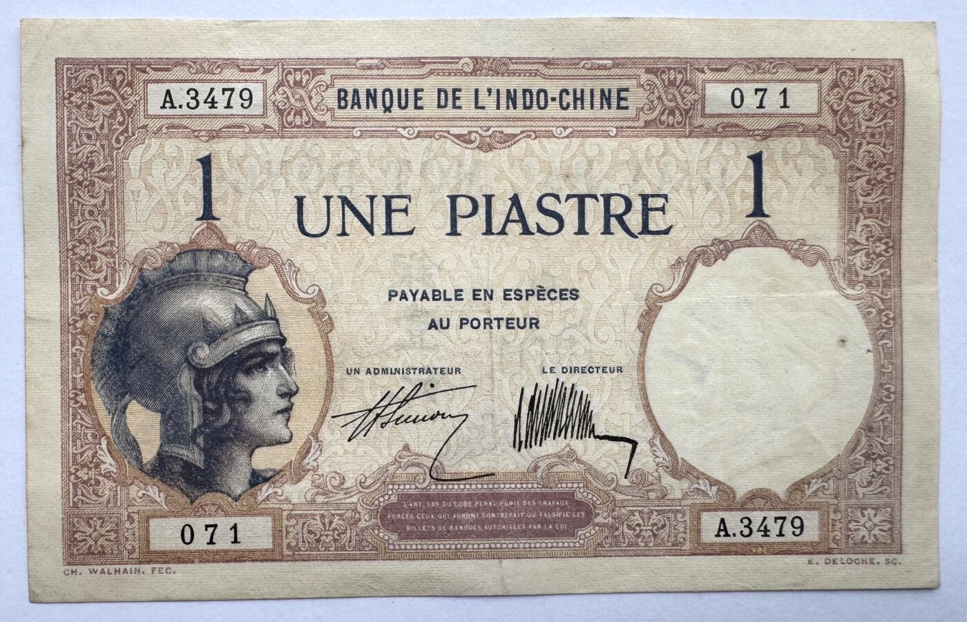 2026第5场（总第232期）：精品测试钞、外钞综合场 法属印度支那/东方汇理银行1921-31年版1元（美品如图、有锈孔）48b/签名2