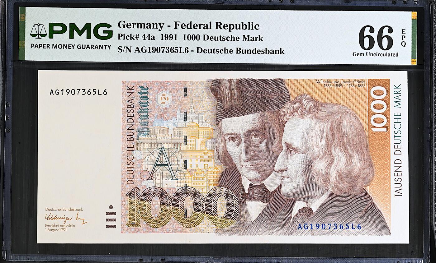 《艾美收藏》第237期-3.22周日外币强钞白金场 德国1000马克 PMG66E 1991年a版 德国童话大师格林兄弟 长号码无4