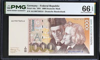 《艾美收藏》第237期-3.22周日外币强钞白金场 - 德国1000马克 PMG66E 1991年a版 德国童话大师格林兄弟 长号码无4