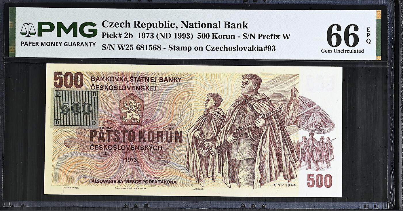 《艾美收藏》第237期-3.22周日外币强钞白金场 捷克500克朗 PMG66E 1993年 捷斯解体后贴票版 无47尾8