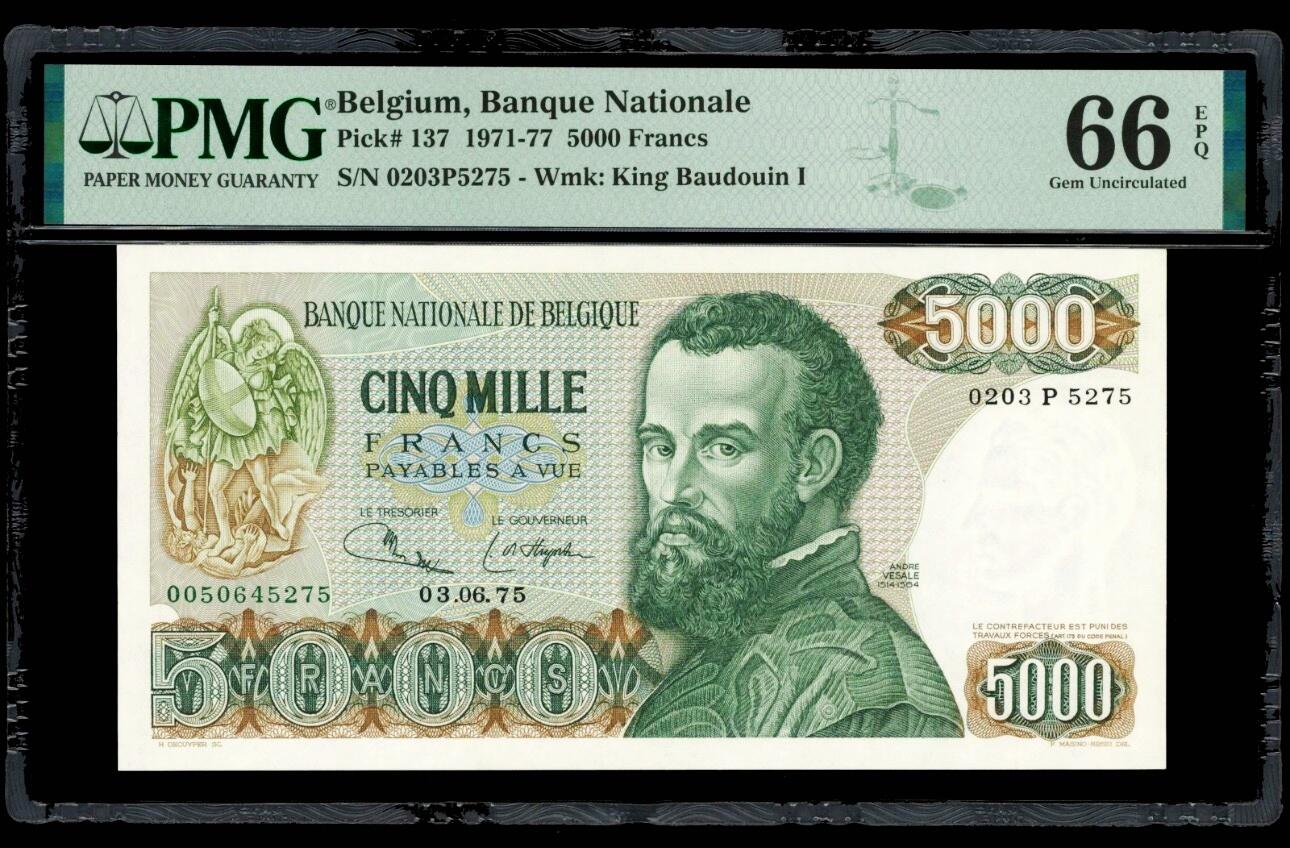 【Blue Auction】世界纸币精拍第797期——18级TOP拍卖/信誉/品质/专业/高效💫 比利时 1975年5000法郎 PMG66EPQ 现代人体解剖学的奠基人安德烈亚斯·维萨利乌斯 俗称“医神”