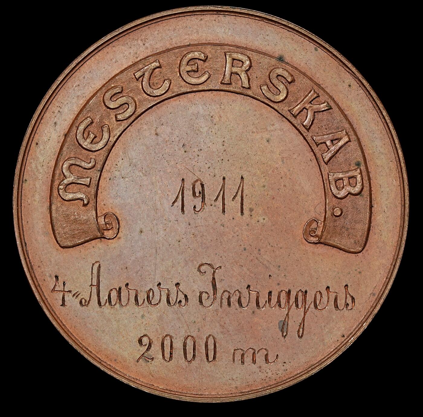 修遠堂世界钱币第108期 1911 年丹麦体育联合会（DIF）四龄犬 2000 米锦标赛铜质奖章，43.31mm，34.95g